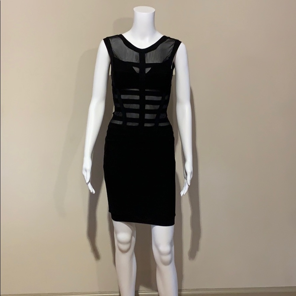 Herve Leger Black Sheer Mesh Illusion Cutout Dress